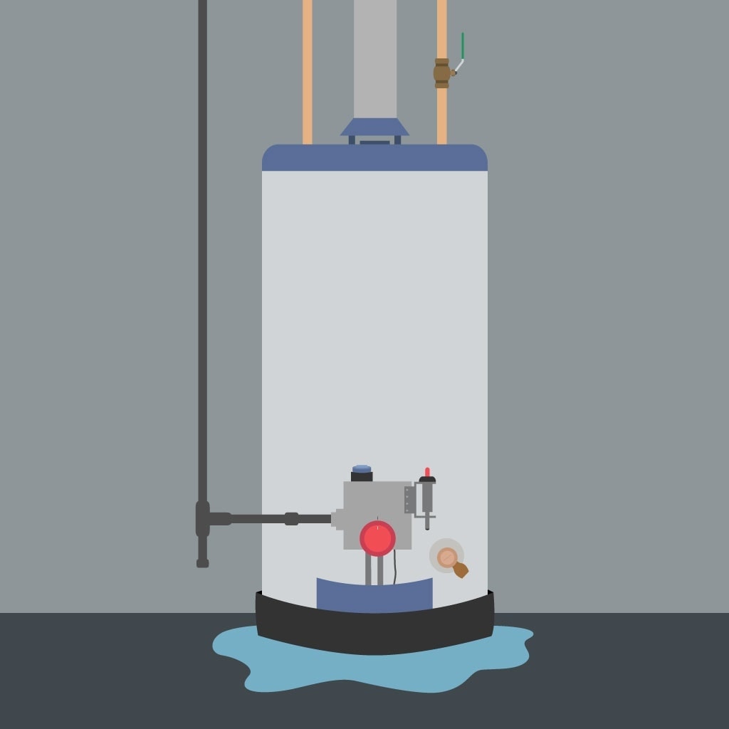 A water heater leaking in a homeowner's basement.
