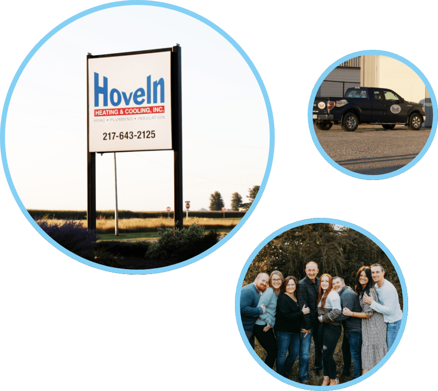 Hoveln office sign, truck, and family photos.